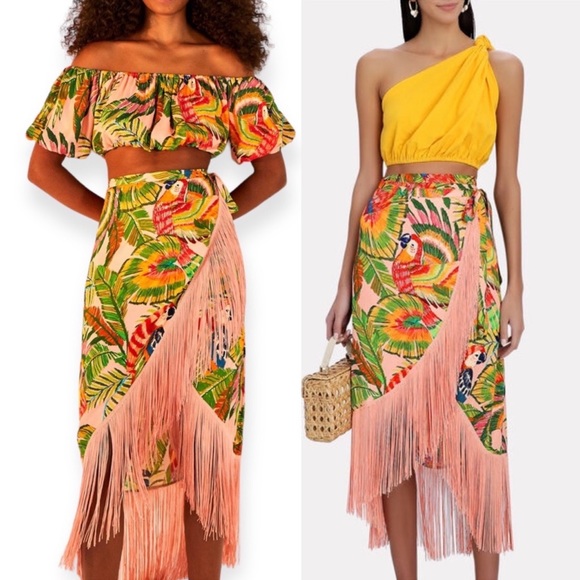Cupcakes & Cashmere Macaw Leaves Tropical Fringe Skirt Size Small - Picture 3 of 8
